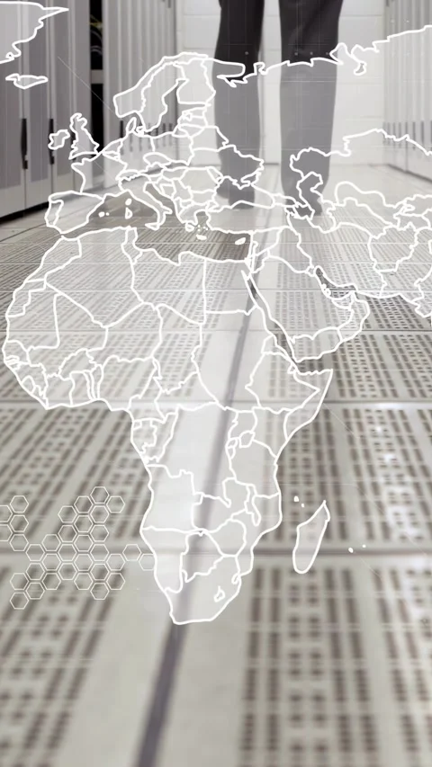 Vertical video: Male tech inspecting DC aisle, walking and causing map overlay Stock Footage 340133335