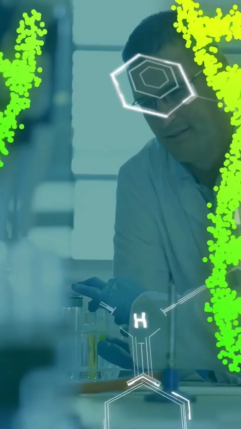 Vertical video: Male tech pipetting yellow fluid at lab for analysis, green Stock Footage 340133475