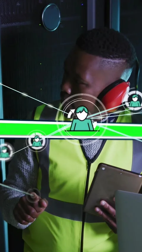Vertical video: Male tech scanning rack, tablet activating HUD overlay, checking Stock Footage 334604461