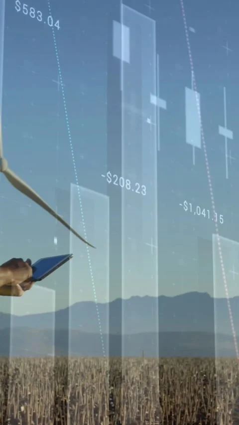 Vertical video: Male tech tapping tablet by wind turbine, driving finance charts Stock Footage 334541061