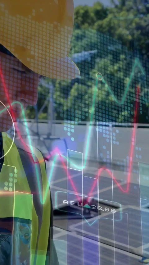Vertical video: Male tech typing on laptop above solar PV, AR charts updating Stock Footage 334391876