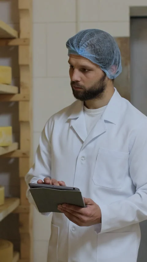 Vertical video. Male technologist in uniform at storage house with tablet Stock Footage 344630881