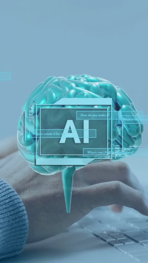 Vertical video: Male user typing, starting 3D brain holo over keyboard with AI Stock Footage 335355591