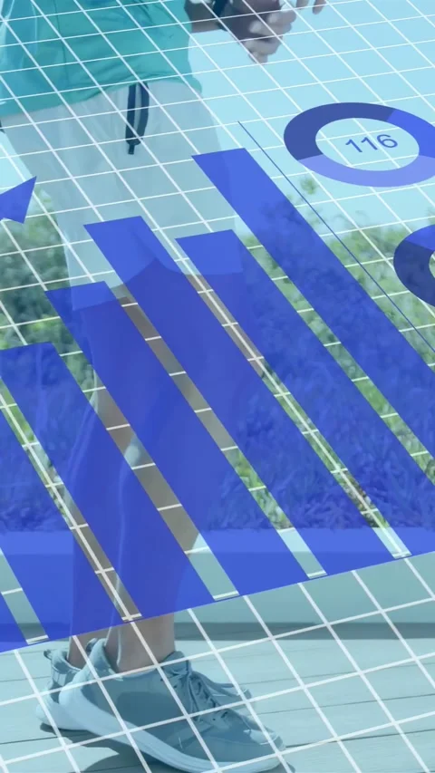 Vertical video: Male walking on deck, step starting tech overlay building charts Stock Footage 337540902