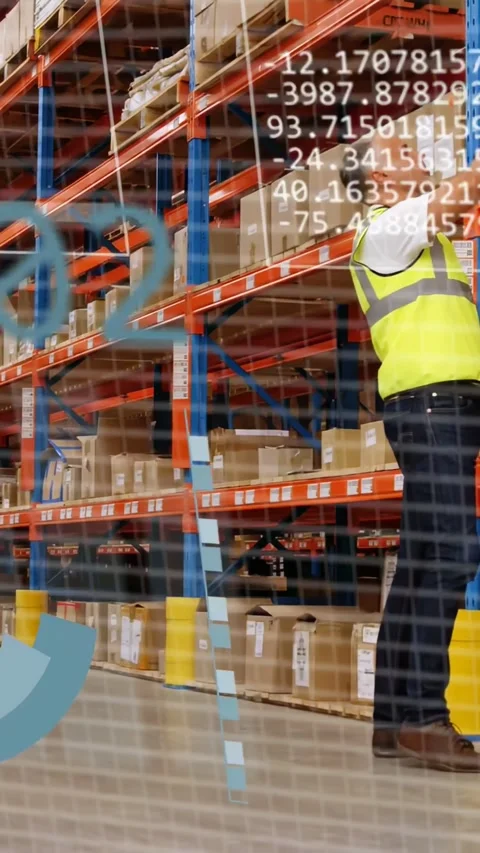 Vertical video: Male warehouse worker reaching shelf, causing overlays pie bars Stock Footage 334423273