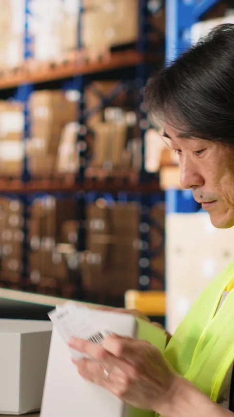 Vertical Video Male worker managing package labeling using shipment details Stock Footage 312578833