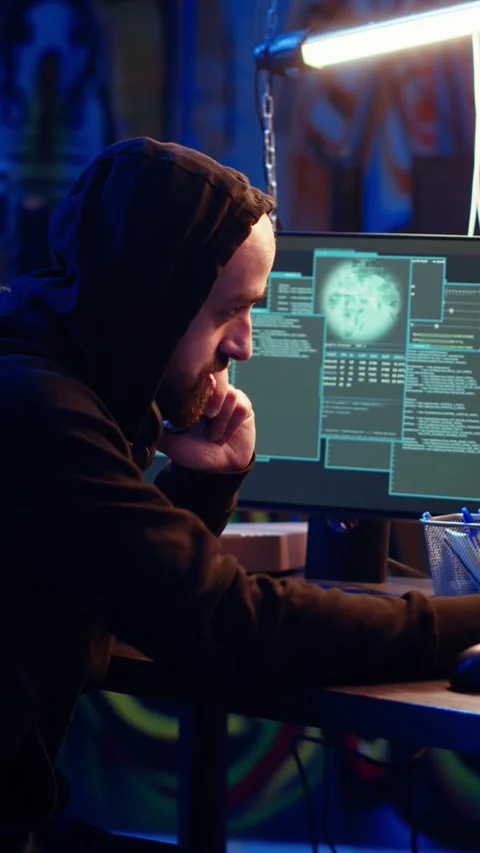 Vertical video Malicious man hacking and talking on phone with partner Video stock 319544443