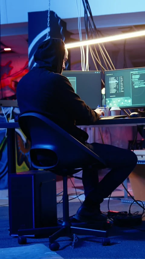 Vertical video Malicious programmer in basement getting past firewalls, handheld Video stock 319521128