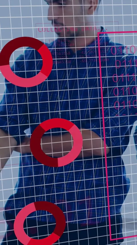 Vertical video: Man adjusting cuff as globe expanding, placing binary pie charts Stock Footage 333496774