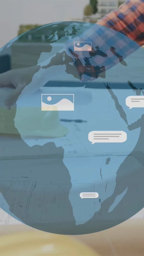 Vertical video: Man adjusting hard hat as peer smoothing plans, globe appearing Stock Footage 334705080