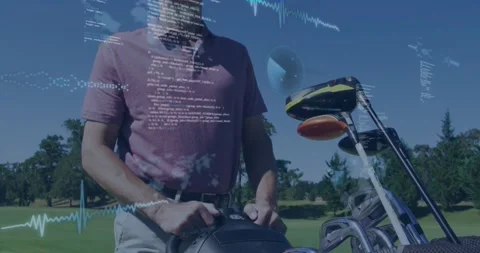 Vertical video: Man adjusting trolley console, testing overlays and guiding golf Stock Footage 330541337