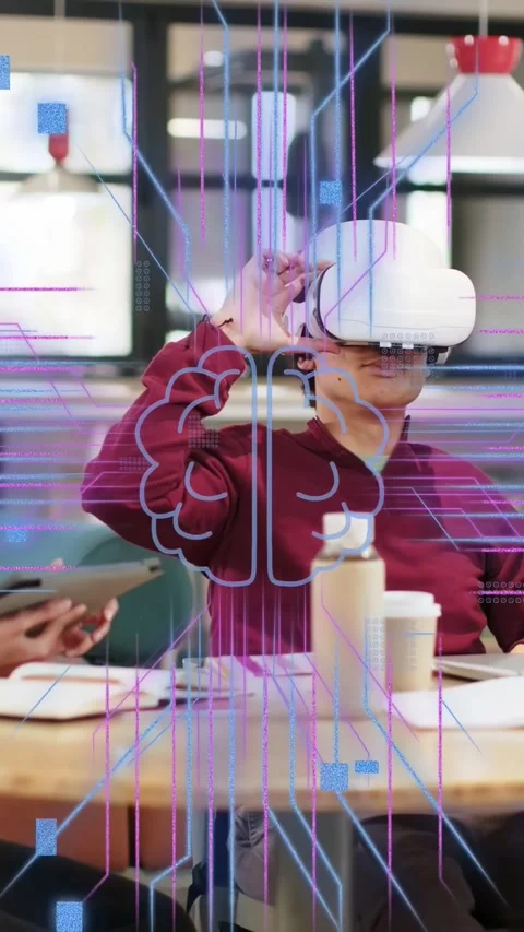 Vertical video: Man adjusting white VR at table, activating tech demo with brain Stock Footage 334694910