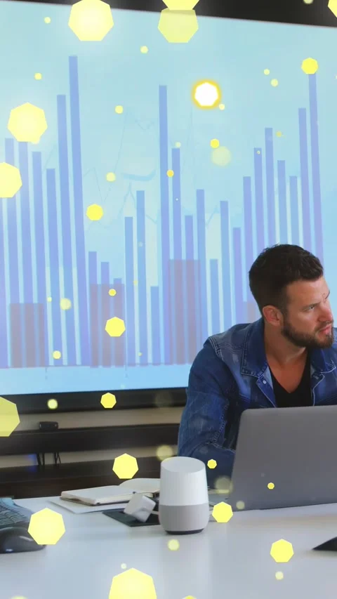 Vertical video: Man advancing slide in business sparking yellow lights over bar Stock Footage 337538972