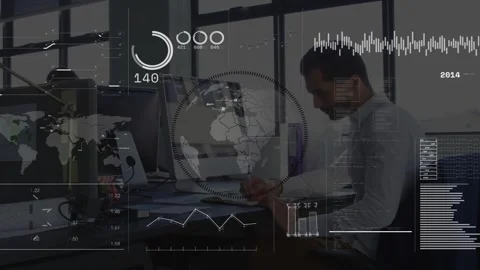Vertical video: Man analyst writing, thinking deskside as business overlays Stock Footage 332642529