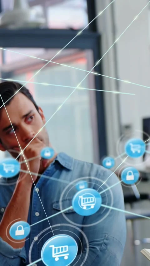 Vertical video: Man analyzing in tech, padlock appearing and linking cart lock Stock Footage 334318830