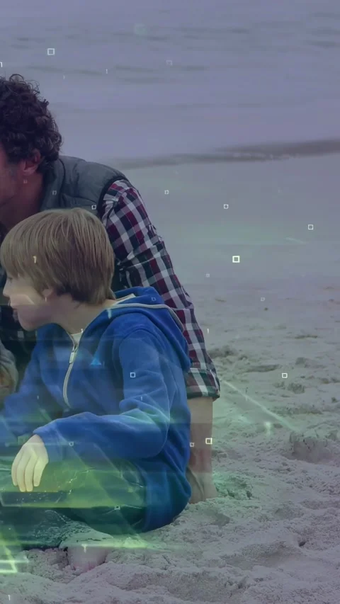 Vertical video: Man behind boy beach boy hearing call turning smiling tech Stock Footage 334392174