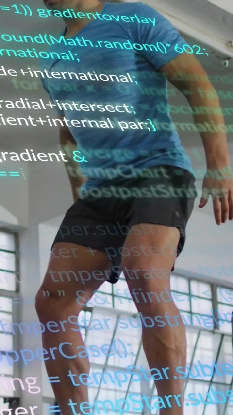 Vertical video: Man bending knees jumping onto plyo-box in gym with code overlay Stock Footage 331050279