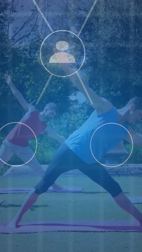 Vertical video: Man in blue and woman in red following node overlay, shifting Stock Footage 333896297