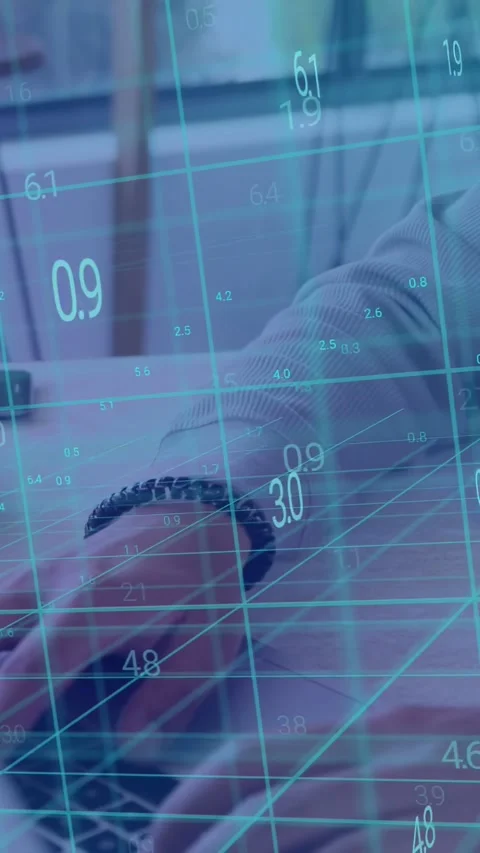 Vertical video: Man with braid band reaching pressing keys sparking blue 3D grid Stock Footage 335741067