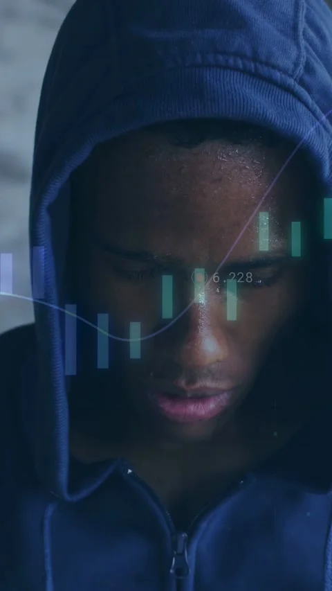Vertical video: Man breathing, lifting head with finance candles shifting across Stock Footage 335513417