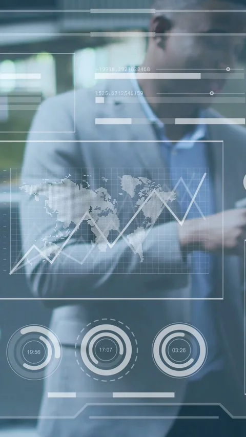 Vertical video: Man bringing hands and animating HUD map charts dials in office Stock Footage 334544467