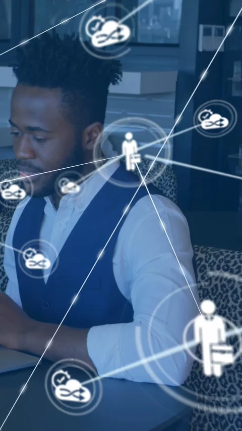 Vertical video: Man bringing laptop and activating cloud while typing, Stock Footage 332846284