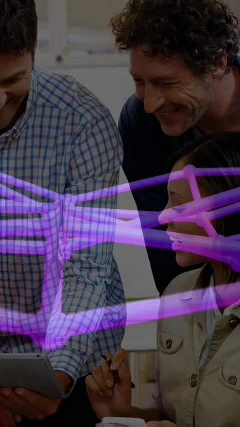 Vertical video: Man bringing tablet woman pointing stylus purple net passing Stock Footage 330965167