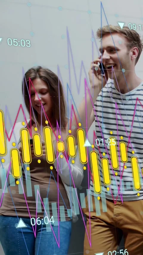 Vertical video: Man calling, woman scrolling phone by wall, tracking markets Stock Footage 333596547