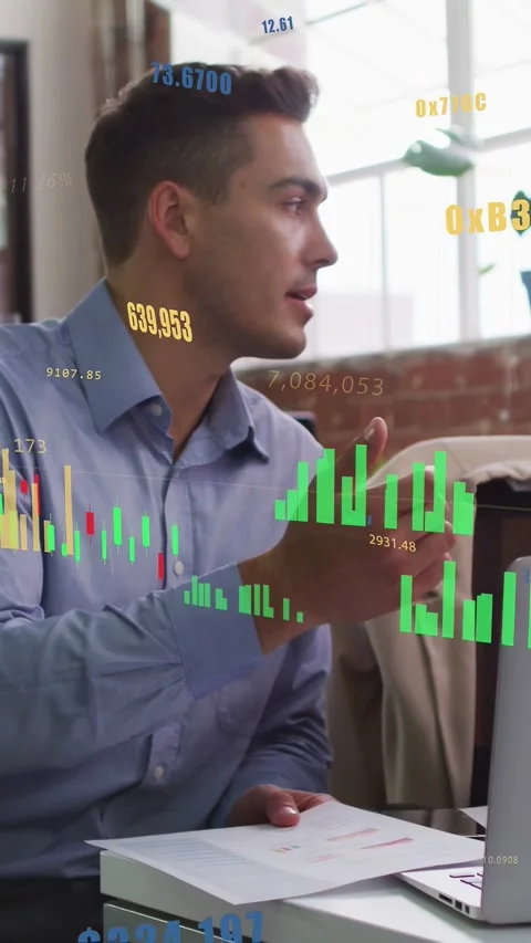 Vertical video: Man checking market data, reacting to colleague cue, stock Stock Footage 333480515