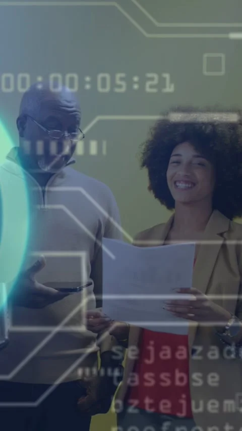 Vertical video: Man checking phone woman reading paper for tech teal HUD Stockbeeldmateriaal 333289652