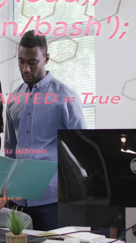 Vertical video: Man coming with folder starting work review while pink overlay Stock Footage 335513266