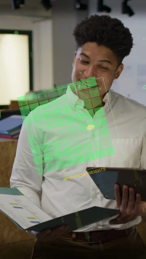Vertical video: Man comparing binder while peer showing tablet for IT review Stock Footage 334047185