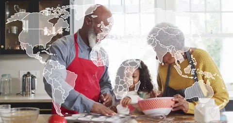 Vertical video: Man cracking egg kid pouring cups woman stirring mix, map Stock Footage 334040616