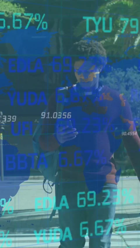 Vertical video: Man crossing upon reaching phone checking map tech data overlay Stock Footage 329962057