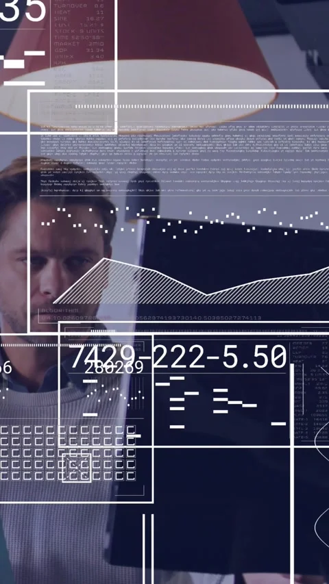 Vertical video: Man data analyst noticing HUD overlays, leaning in studying Stock Footage 332335779