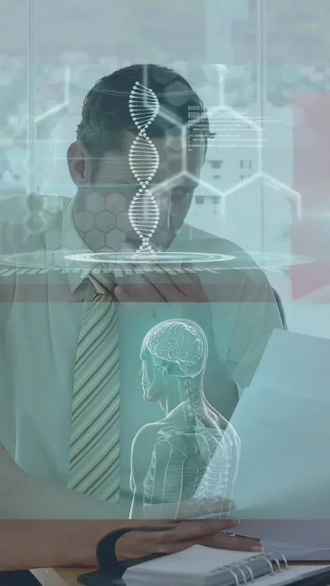 Vertical video: Man at desk reading report, causing torso holo, DNA helix Vídeo Stock 330359138