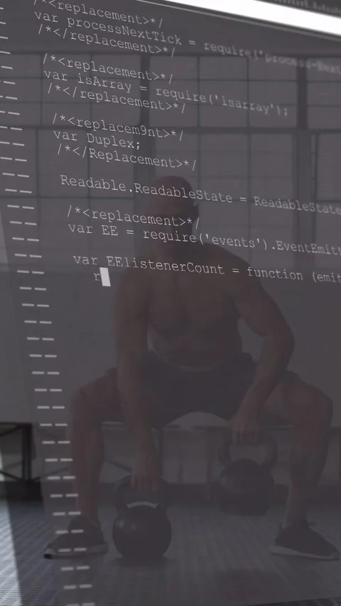 Vertical video: Man doing kettlebell lifts, wide squat while code overlay Stock Footage 332734989