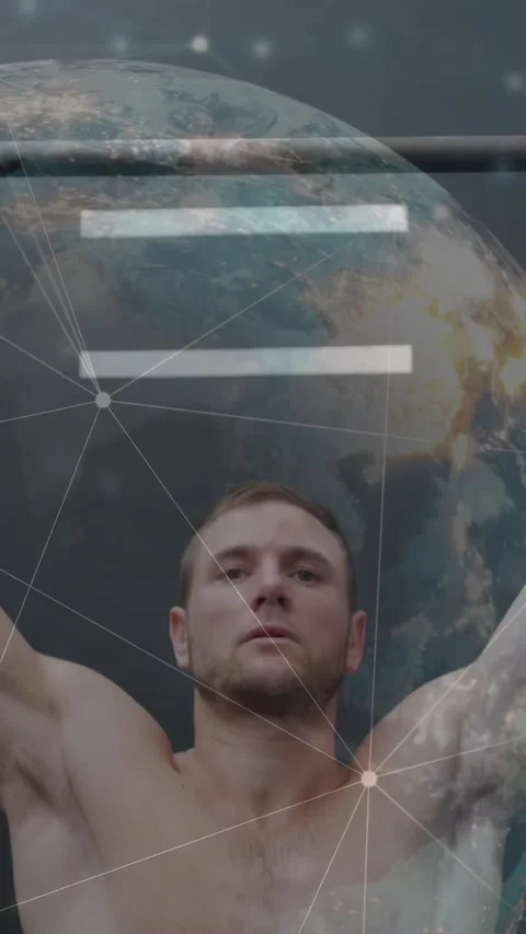 Vertical video: Man doing pull-ups on bar from hang for fitness with globe HUD Stock Footage 331009221
