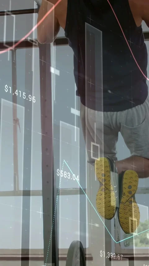 Vertical video: Man doing pullups on gym rig, sparking finance chart overlay Stock Footage 333304216
