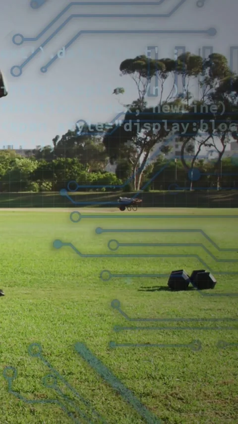 Vertical video: Man doing squat and press for fitness in park, weights showing Stock Footage 334397385