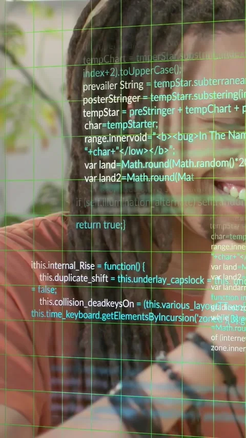 Vertical video: Man with dreadlocks raising hand causing green grid, code in Stock Footage 334602718