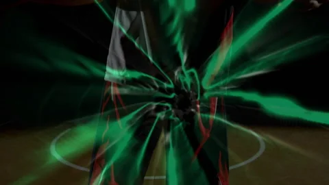 Vertical video: Man dribbling triggers radial lights, camera rising as he lifts Stock Footage 331006190