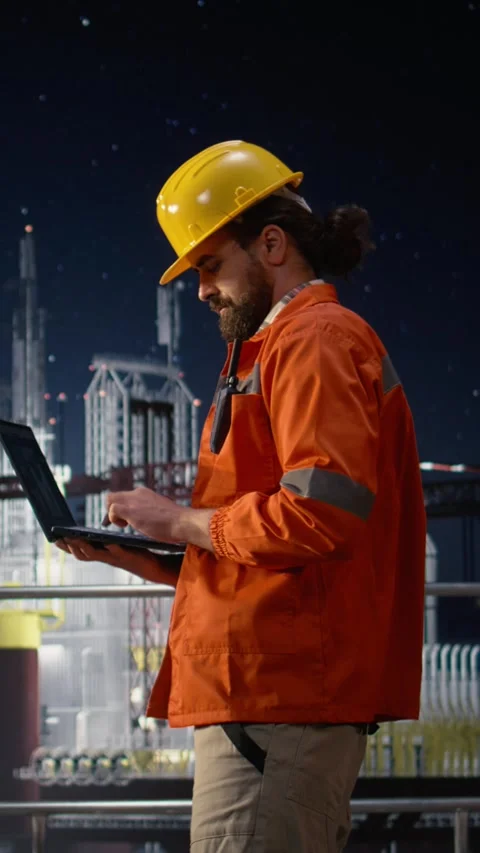 Vertical video Man on drilling barge searching petrol reserves during global oil Stock Footage 339888054
