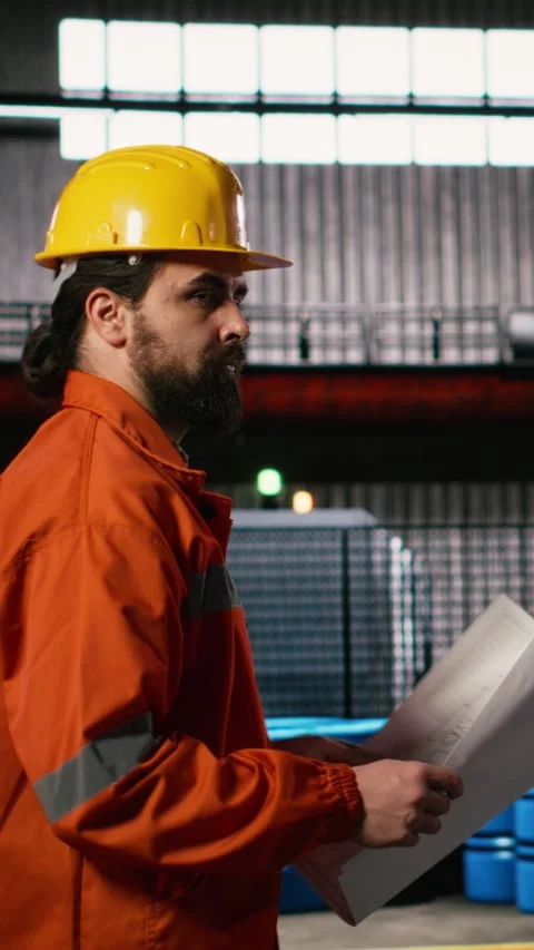 Vertical Video Man engineer, studying blueprints, sketches and layout plans Stock Footage 330086052