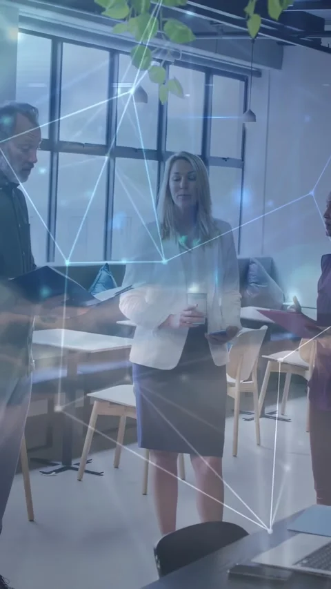Vertical video: Man entering and pointing, team talking business plan, node Video stock 332317742
