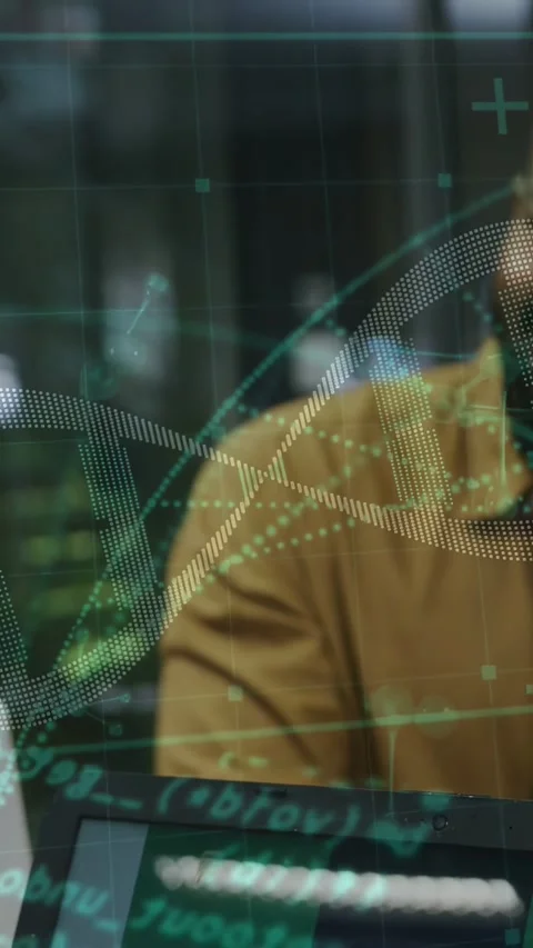 Vertical video: Man entering frame, pull causing DNA helix and code HUD over Stock Footage 333109690