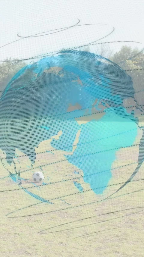 Vertical video: Man entering frame running to kick soccer ball under AR globe Stock Footage 335513363