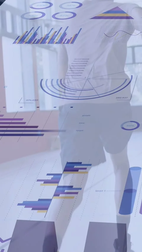 Vertical video: Man entering frame lunging then stabilizing while data overlays Stock Footage 340133436