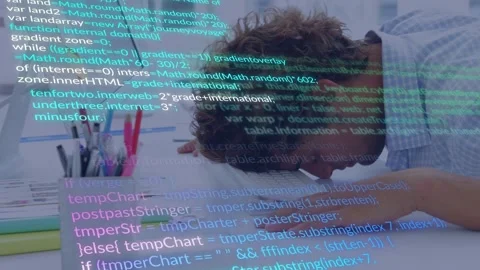 Vertical video: Man entering, leaning in at desk debugging code while IT overlay Stock Footage 332505093
