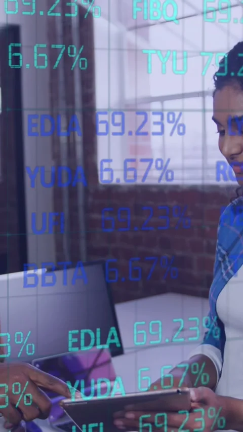 Vertical video: Man entering, pointing tablet, woman holding it, reviewing Stock Footage 343902278
